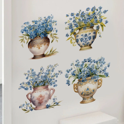 Pegatinas De Pared Jarrón Vintage Europeo Flores Azules PVC Removible Autoadhesivo Mural Para Sala De Estar Dormitorio Decoración