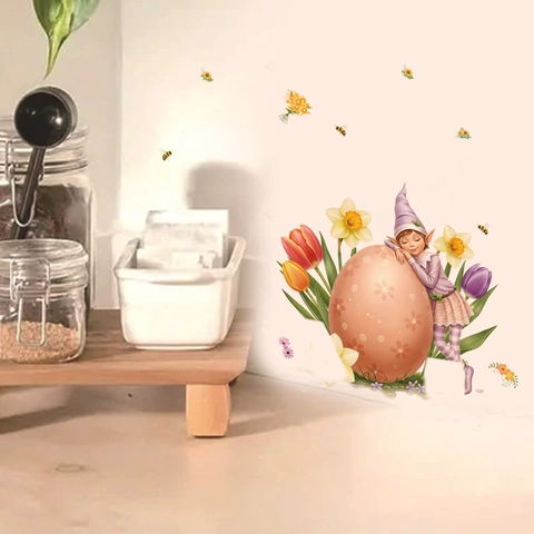 Pegatina de Pared de Elfo de Pascua Tulipán Flor Colorido Impermeable Removible PVC Auto-Adhesivo Mural para Dormitorio Sala de Estar