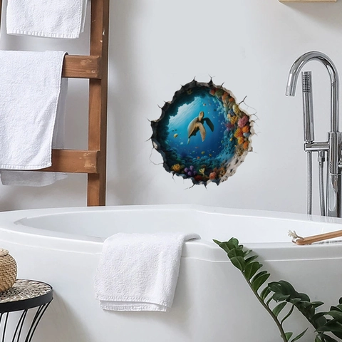 Vinilo Decorativo de Pared Tortuga Marina 3D Efecto Pared Rota PVC Impermeable Animal Oceánico Para Baño Sala Decoración Hogar