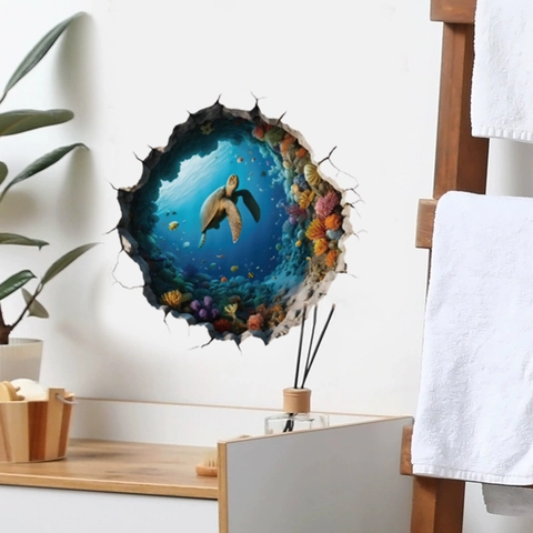 Vinilo Decorativo de Pared Tortuga Marina 3D Efecto Pared Rota PVC Impermeable Animal Oceánico Para Baño Sala Decoración Hogar