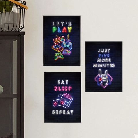 Gaming Muurstickers PVC Zelfklevend Verwijderbaar Neon Stijl Let's Play Eat Sleep Repeat Slogan Decals Voor Game Room