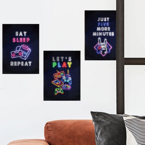 Gaming Muurstickers PVC Zelfklevend Verwijderbaar Neon Stijl Let's Play Eat Sleep Repeat Slogan Decals Voor Game Room