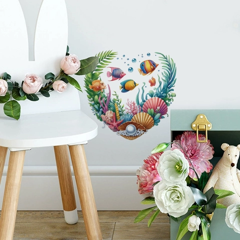 Hartvormige Zeedieren Muursticker Waterdicht PVC Tropische Vissen Koraal Schelp Sticker Voor Badkamer Toilet Woonkamer Decor