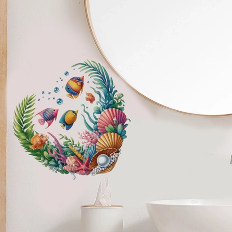 Hartvormige Zeedieren Muursticker Waterdicht PVC Tropische Vissen Koraal Schelp Sticker Voor Badkamer Toilet Woonkamer Decor