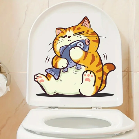 Sticker de Toilettes Chat de Dessin Animé Mignon Embrassant un Poisson PVC Imperméable Auto-adhésif Amovible Décoration