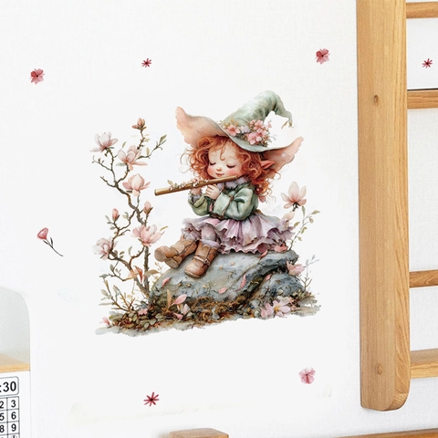 Fairy Girl Playing Flute Wall Sticker Watercolor Illustration Magnolia Flowers Removable PVC Self Adhesive Home Decor Mural