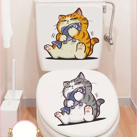 Sticker de Toilettes Chat de Dessin Animé Mignon Embrassant un Poisson PVC Imperméable Auto-adhésif Amovible Décoration