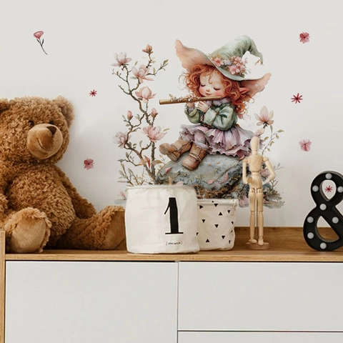 Fairy Girl Playing Flute Wall Sticker Watercolor Illustration Magnolia Flowers Removable PVC Self Adhesive Home Decor Mural