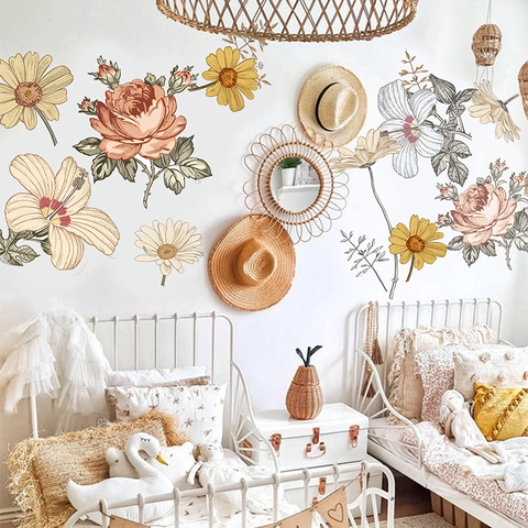 Adesivi da Parete Floreali Vintage Dipinti a Mano in PVC Autoadesivi Removibili Margherita Rosa Decoro per Soggiorno Camera