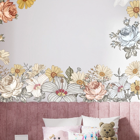 Adesivi da Parete Floreali Vintage Dipinti a Mano in PVC Autoadesivi Removibili Margherita Rosa Decoro per Soggiorno Camera