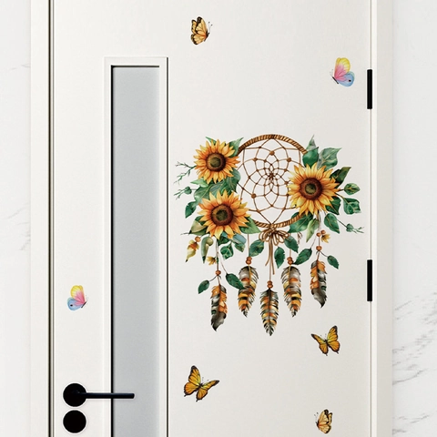 Adesivo da Parete Girasole Acchiappasogni Rimovibile PVC Farfalla Piuma Decalcomania per Soggiorno Camera da Letto Bagno Porta