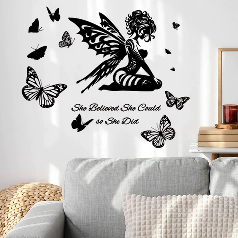 Fee Schmetterling Silhouette Inspirierende Zitate Wandaufkleber Schwarz PVC Abnehmbare Wandtattoo Für Wohnzimmer Schlafzimmer Deko