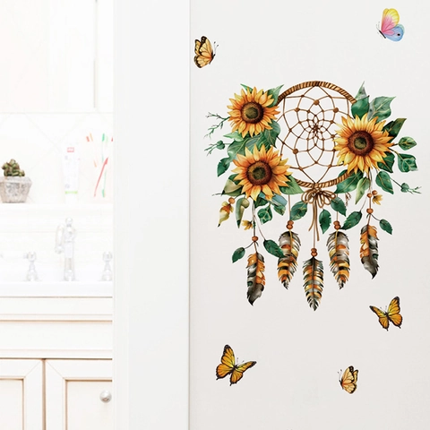 Adesivo da Parete Girasole Acchiappasogni Rimovibile PVC Farfalla Piuma Decalcomania per Soggiorno Camera da Letto Bagno Porta