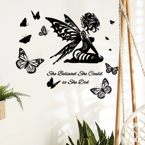 Fee Schmetterling Silhouette Inspirierende Zitate Wandaufkleber Schwarz PVC Abnehmbare Wandtattoo Für Wohnzimmer Schlafzimmer Deko