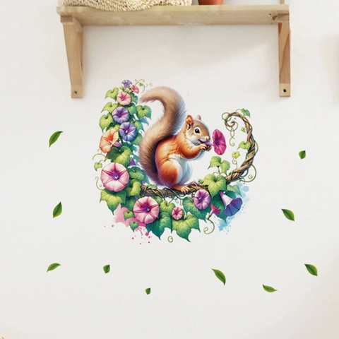 Pegatina de Pared Ardilla Animada Flor Ipomoea PVC Removible Autoadhesiva Calcomanía Para Sala de Estar Dormitorio Hogar