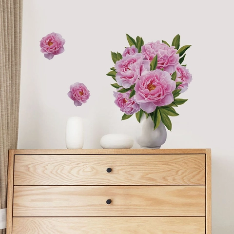 Rosa Pfingstrose Blume In Vase Wandtattoo Abnehmbare PVC Florale Wandaufkleber Für Wohnzimmer Schlafzimmer Büro Heimtextilien