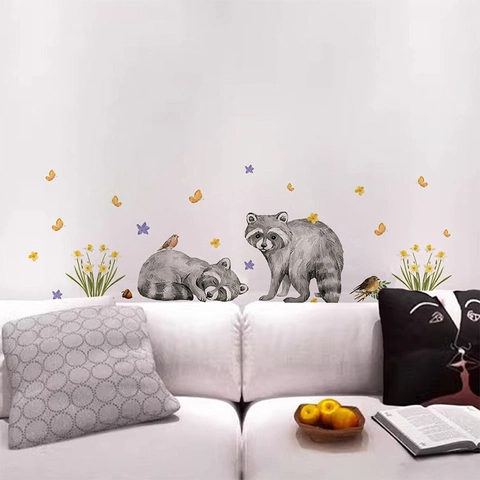 Vinilos de Pared de Mapache Flores Mariposa Acuarela Mural Animal de PVC Removible para Dormitorio de Niños Sala de Estar Hogar