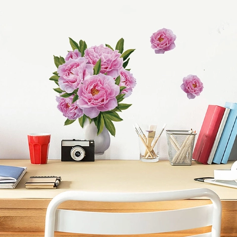 Rosa Pfingstrose Blume In Vase Wandtattoo Abnehmbare PVC Florale Wandaufkleber Für Wohnzimmer Schlafzimmer Büro Heimtextilien