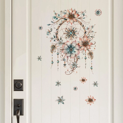 Adesivo da Parete Acchiappasogni a Fiori Boemo PVC Removibile DIY Decalcomania Floreale per Camera da Letto Bagno Soggiorno