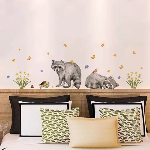 Vinilos de Pared de Mapache Flores Mariposa Acuarela Mural Animal de PVC Removible para Dormitorio de Niños Sala de Estar Hogar