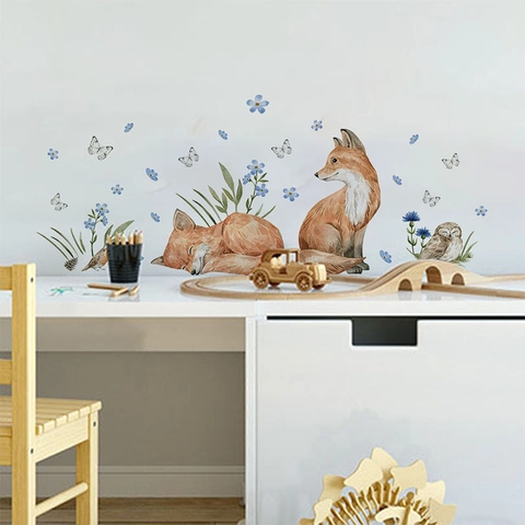 Adesivo Da Parete Con Volpe E Gufo Ad Acquerello Murale Decorativo In PVC Rimovibile Per Asilo Soggiorno Camera Da Letto Bambini