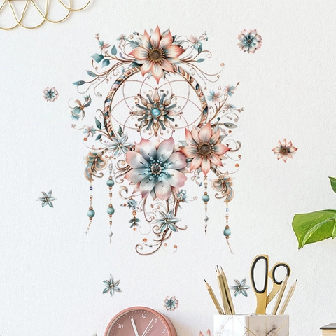 Adesivo da Parete Acchiappasogni a Fiori Boemo PVC Removibile DIY Decalcomania Floreale per Camera da Letto Bagno Soggiorno