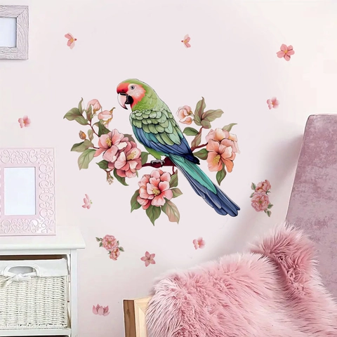 Parrot And Pink Flower Wall Sticker Removable PVC Self-Adhesive Wall Decal For Living Room Bedroom Home Decor Art