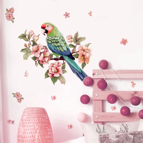 Parrot And Pink Flower Wall Sticker Removable PVC Self-Adhesive Wall Decal For Living Room Bedroom Home Decor Art