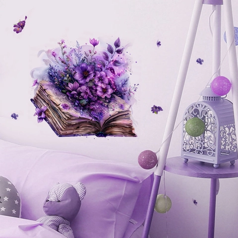 Aesthetic Purple Flower Book Wall Sticker PVC Removable Self Adhesive Watercolor Art Decal For Living Room Bedroom Home Decor