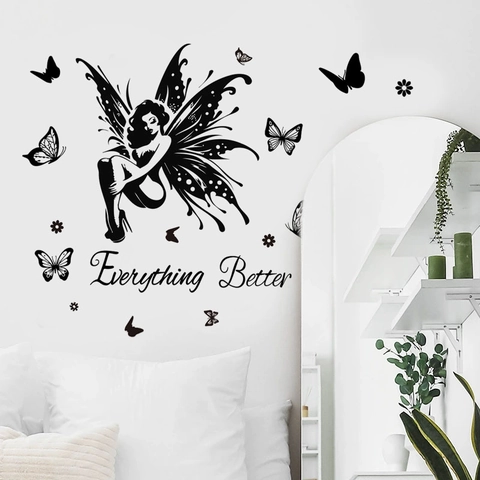 Schmetterling Fee Silhouette Wandaufkleber Inspirierendes Zitat Schwarz Fee Flügel Schmetterling Wandtattoo Für Schlafzimmer Deko