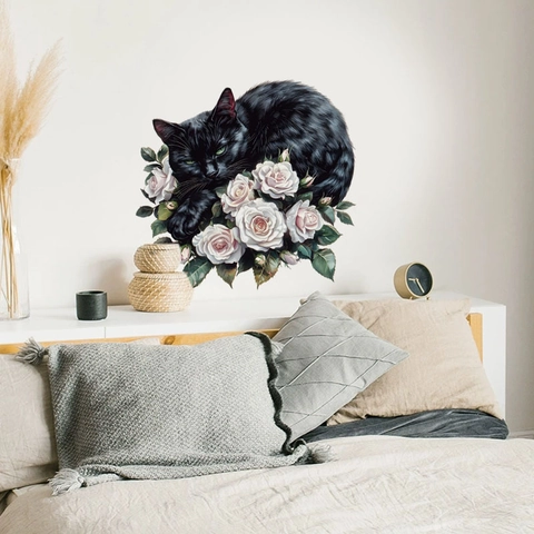 Cartoon Black Cat White Rose Wall Sticker PVC Removable Self Adhesive Mural For Living Room Bedroom Home Decor