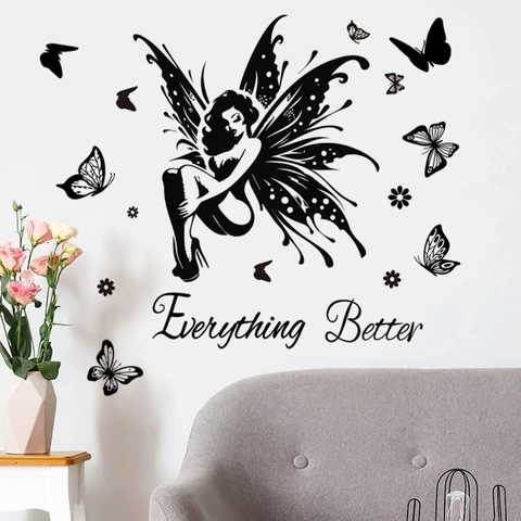 Schmetterling Fee Silhouette Wandaufkleber Inspirierendes Zitat Schwarz Fee Flügel Schmetterling Wandtattoo Für Schlafzimmer Deko