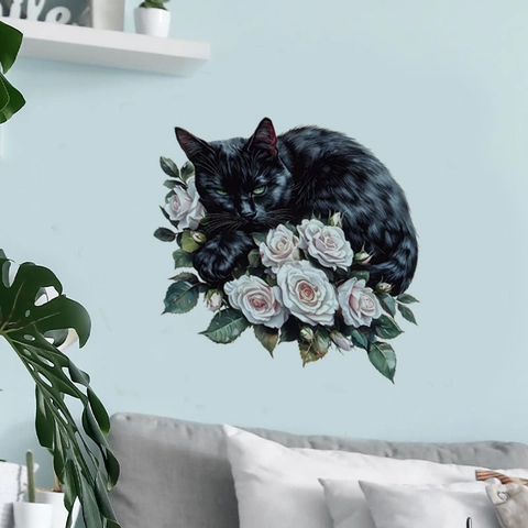 Cartoon Black Cat White Rose Wall Sticker PVC Removable Self Adhesive Mural For Living Room Bedroom Home Decor