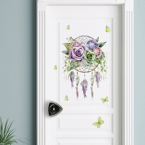 Rose Traumfänger Wandaufkleber PVC Selbstklebend Aquarell Blume Schmetterling Aufkleber Für Schlafzimmer Badezimmer Deko
