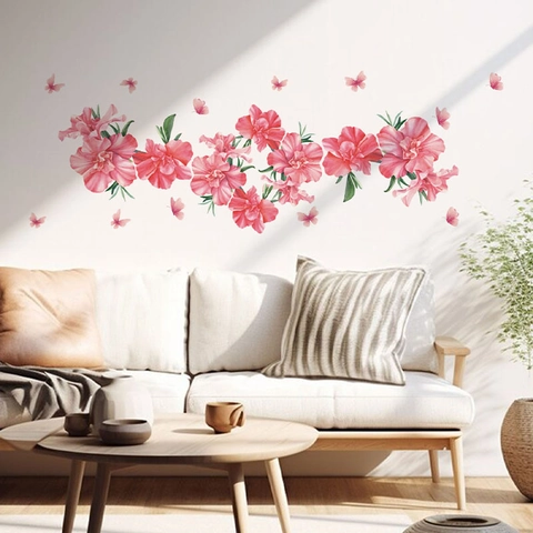 Pink Flower Wall Sticker PVC Self Adhesive Removable Floral Butterfly Wall Decal For Living Room Bedroom Home Decor