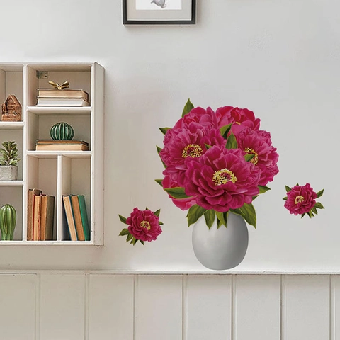 Roter Pfingstrosen Blumenvase Wandaufkleber Abnehmbar PVC Floral Wandtattoo Für Wohnzimmer Schlafzimmer Arbeitszimmer Home Decor