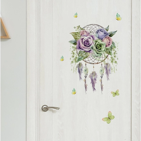 Rose Traumfänger Wandaufkleber PVC Selbstklebend Aquarell Blume Schmetterling Aufkleber Für Schlafzimmer Badezimmer Deko