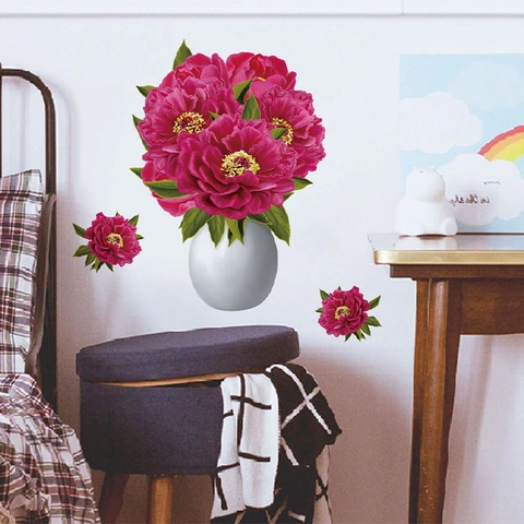 Roter Pfingstrosen Blumenvase Wandaufkleber Abnehmbar PVC Floral Wandtattoo Für Wohnzimmer Schlafzimmer Arbeitszimmer Home Decor