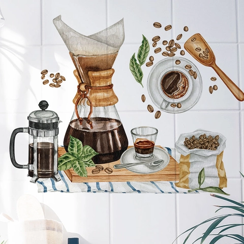 Watercolor Coffee Theme Wall Sticker PVC Self-Adhesive Removable Mural For Kitchen Dining Room Cafe Restaurant Home Decor
