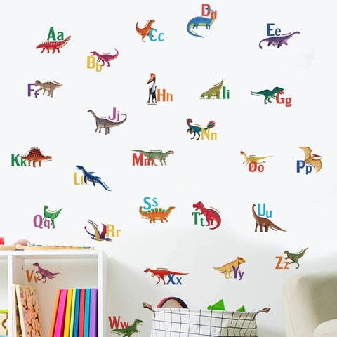 Adesivi Murali Alfabeto Dinosauro Cartone Animato per Decorazione Vivaio Impermeabile PVC Decalcomanie Educative per Camera Bambini