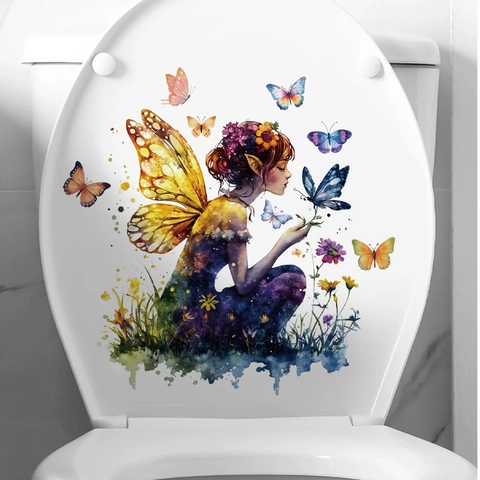 Adesivo per WC Fata Farfalla ad Acquerello Adesivo Murale in PVC Impermeabile Rimovibile per Bagno Soggiorno Decorazione Estetica