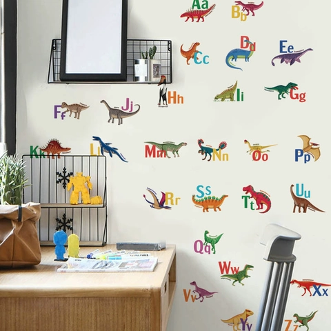 Adesivi Murali Alfabeto Dinosauro Cartone Animato per Decorazione Vivaio Impermeabile PVC Decalcomanie Educative per Camera Bambini