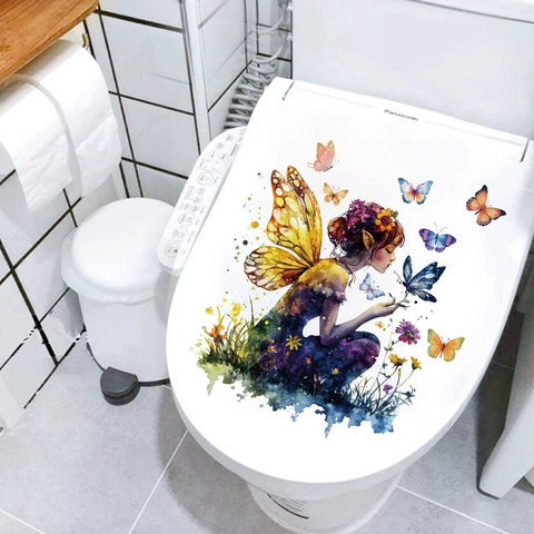 Adesivo per WC Fata Farfalla ad Acquerello Adesivo Murale in PVC Impermeabile Rimovibile per Bagno Soggiorno Decorazione Estetica
