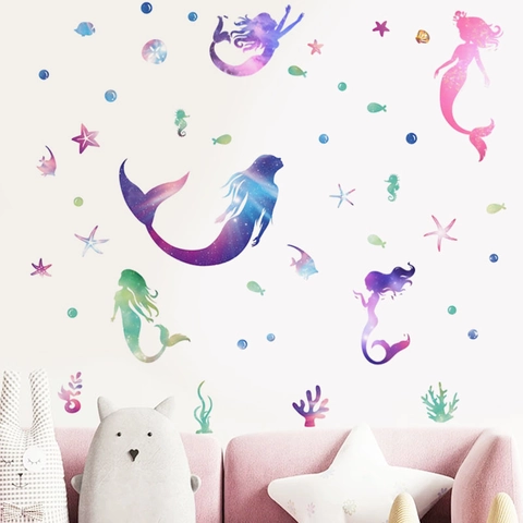 Stickers Muraux Sirène Colorés Imperméables en PVC Ciel Étoilé Décalcomanies Océan pour Salle de Bain Chambre d'Enfant Déco Maison