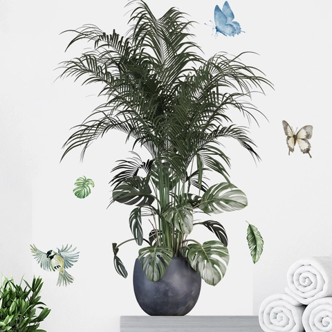 Pegatina de Pared de Planta Verde Tropical Hoja de Monstera Mariposa Azul Pájaro PVC Autoadhesivo Extraíble Decoración Hogar