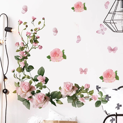 Rosa Rosenreben Schmetterling Wandaufkleber Abnehmbare PVC Blumen Wandtattoos Für Wohnzimmer Schlafzimmer Badezimmer Haus Deko