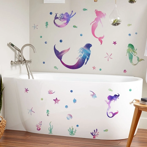 Stickers Muraux Sirène Colorés Imperméables en PVC Ciel Étoilé Décalcomanies Océan pour Salle de Bain Chambre d'Enfant Déco Maison