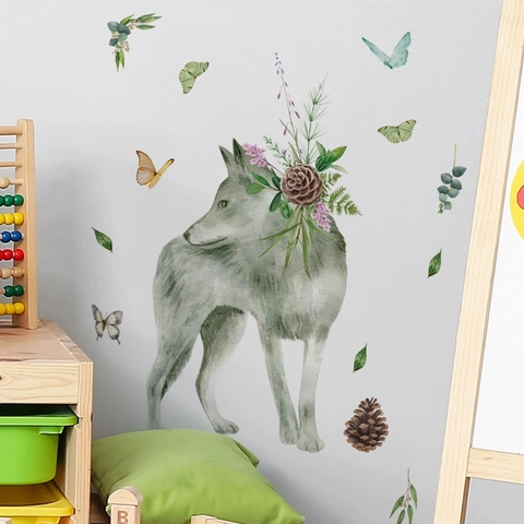 Sticker Mural Loup Forêt Aquarelle Pomme de Pin Papillon PVC Auto-adhésif Mural Amovible pour Chambre d'Enfant Salon Décor