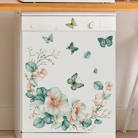 Groene Botanische Bloem En Vlinder Muurstickers PVC Verwijderbaar Zelfklevend Muurschilderingen Voor Woonkamer Slaapkamer