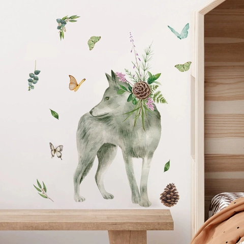 Sticker Mural Loup Forêt Aquarelle Pomme de Pin Papillon PVC Auto-adhésif Mural Amovible pour Chambre d'Enfant Salon Décor